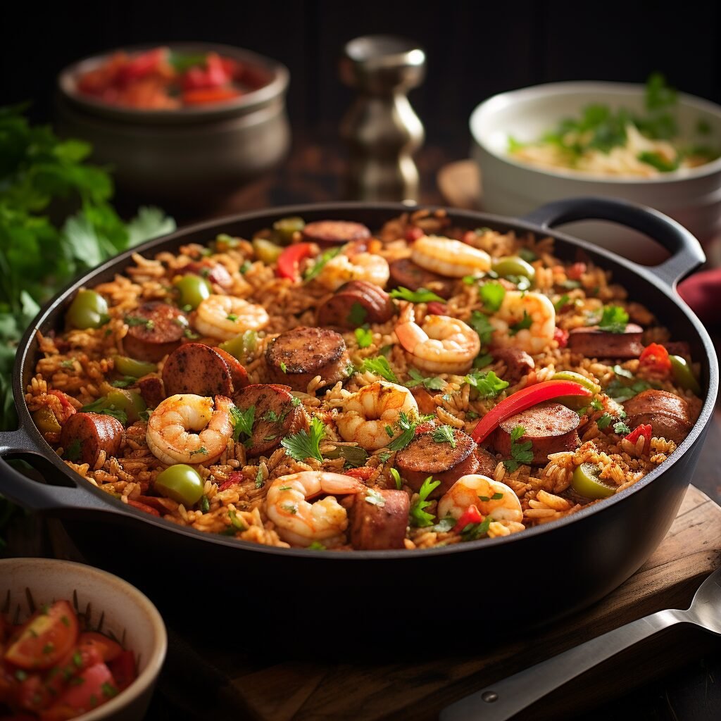 Spanish paella in a skillet on a wooden table.