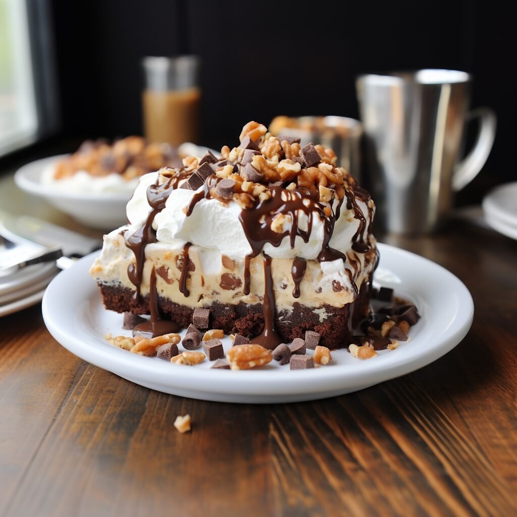 Mississippi Mud Pie with chocolate and peanut butter chips and whipped creme