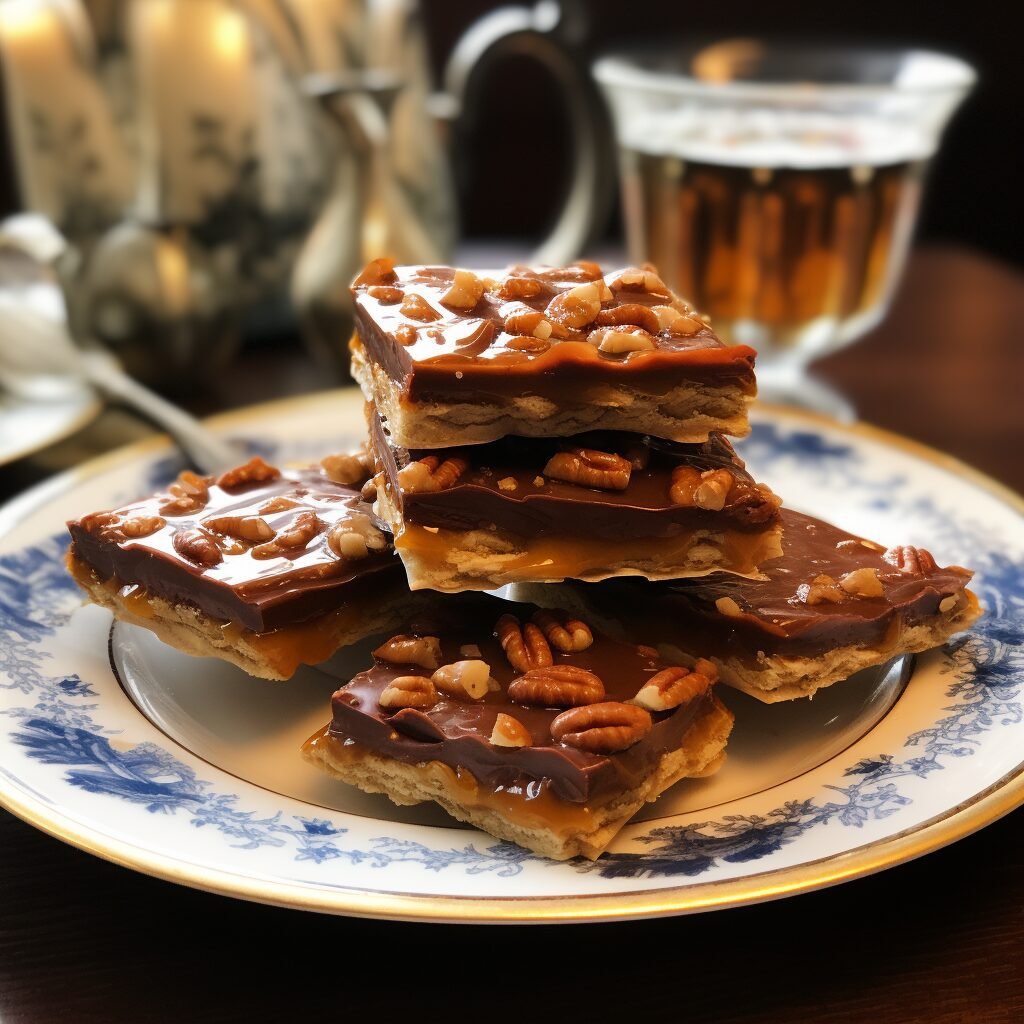 A plate of chocolate and pecan bars on a table next to a cup of tea.