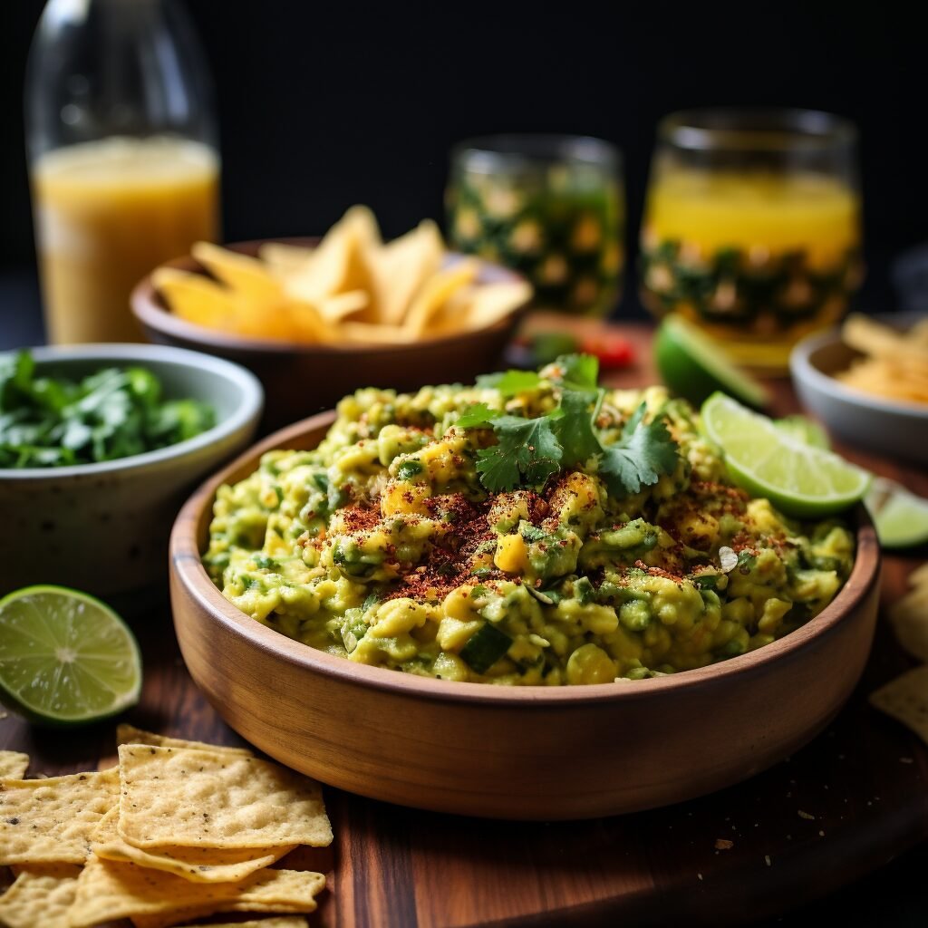 Pineapple rum Punch Guacamole in a bowl with chips and salsa.