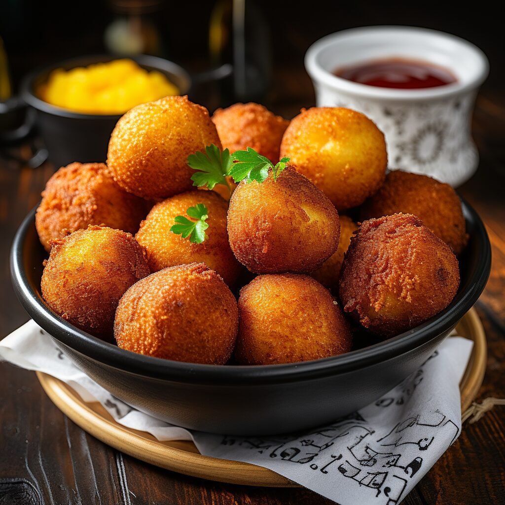 A bowl of fried hushpuppies on a table next to a bowl of ketchup.