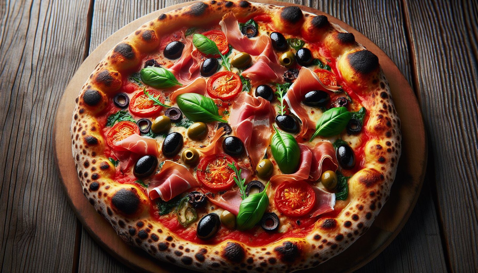 A pizza on a wooden table.