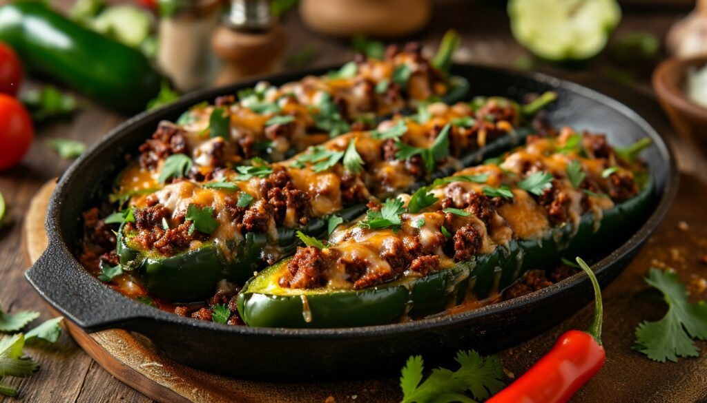 Mexican stuffed peppers in a skillet on a wooden table.