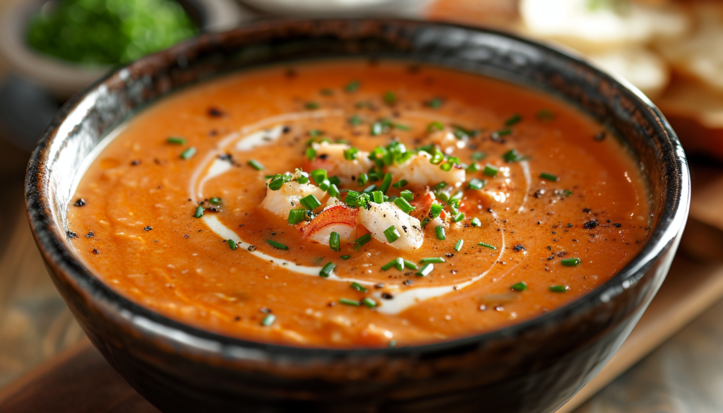 A bowl of crab and tomato soup on a wooden table.