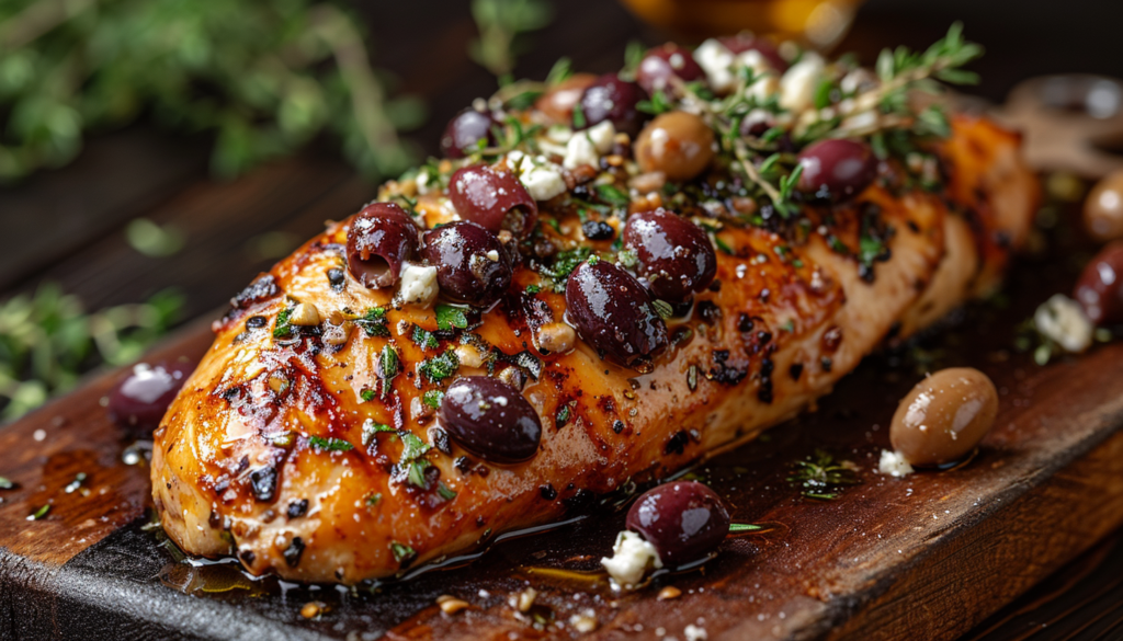 Grilled chicken with olives and thyme on a wooden board.