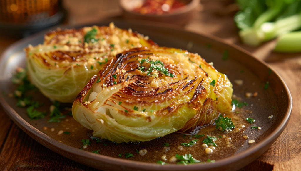 Two cabbages on a plate on a wooden table.