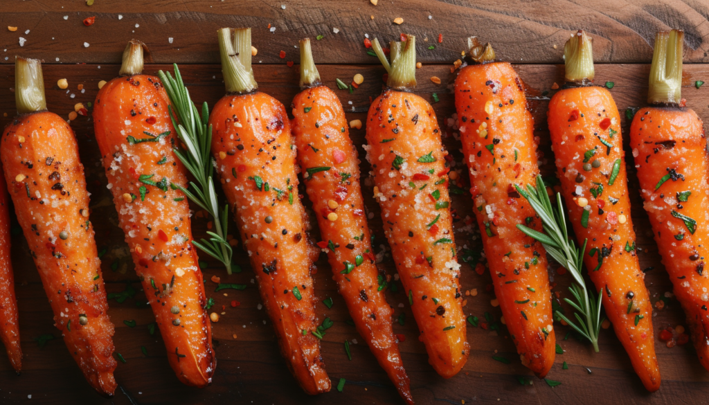 Roasted carrots with sprigs of rosemary on a wooden table.