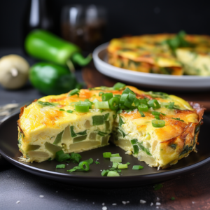 A quiche on a plate with a slice taken out.