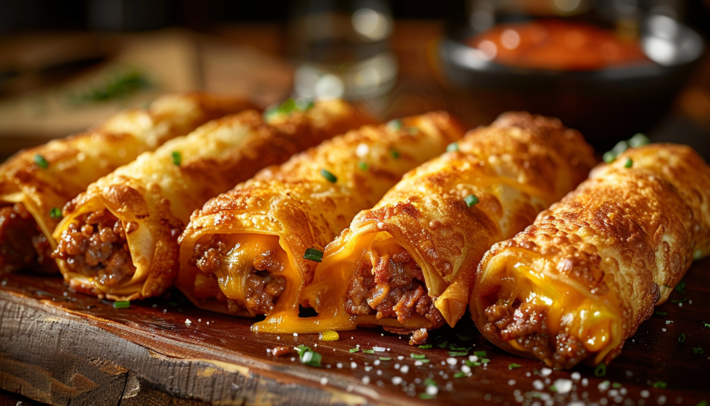 Crispy taquitos filled with meat and cheese on a wooden board, garnished with green onions, with a bowl of salsa in the background.