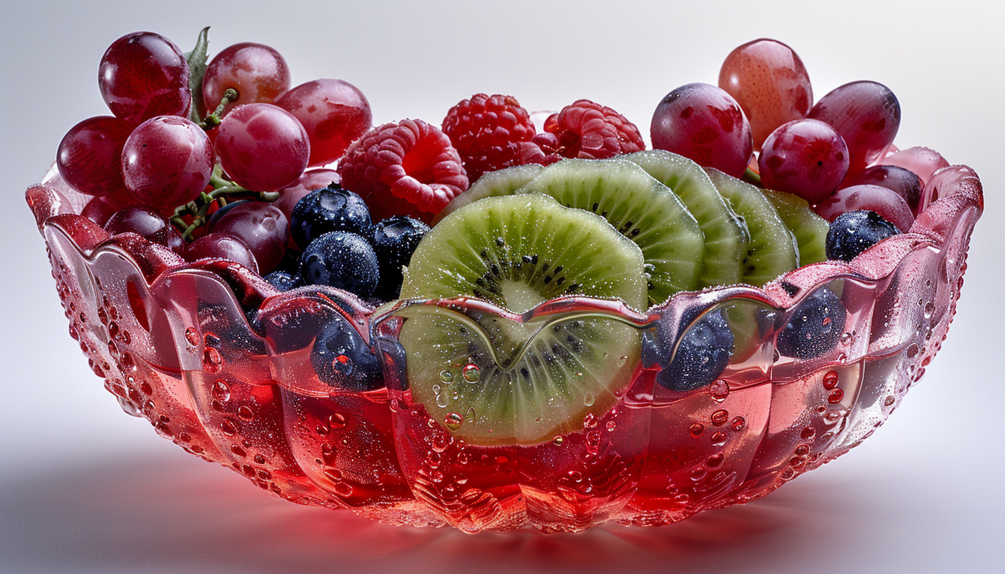 A glass bowl filled with fresh fruits including red grapes, raspberries, blueberries, and sliced kiwis, all covered in droplets of water.