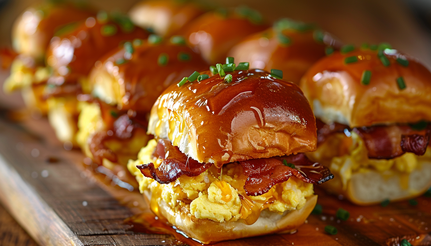 Rows of breakfast sliders filled with scrambled eggs, bacon, and drizzled with syrup, garnished with chopped chives, on a wooden surface.