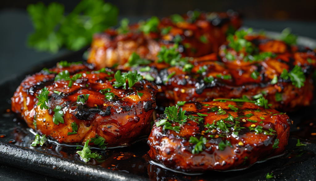 Close-up of glazed grilled meat garnished with fresh parsley on a dark serving tray.
