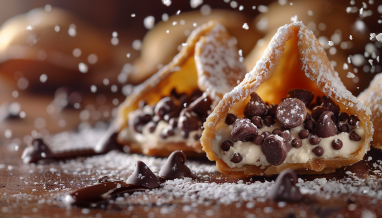 Close-up of chocolate-filled pastry cones topped with powdered sugar and chocolate chips, set on a wooden surface with scattered chocolate chips and powdered sugar in the background.