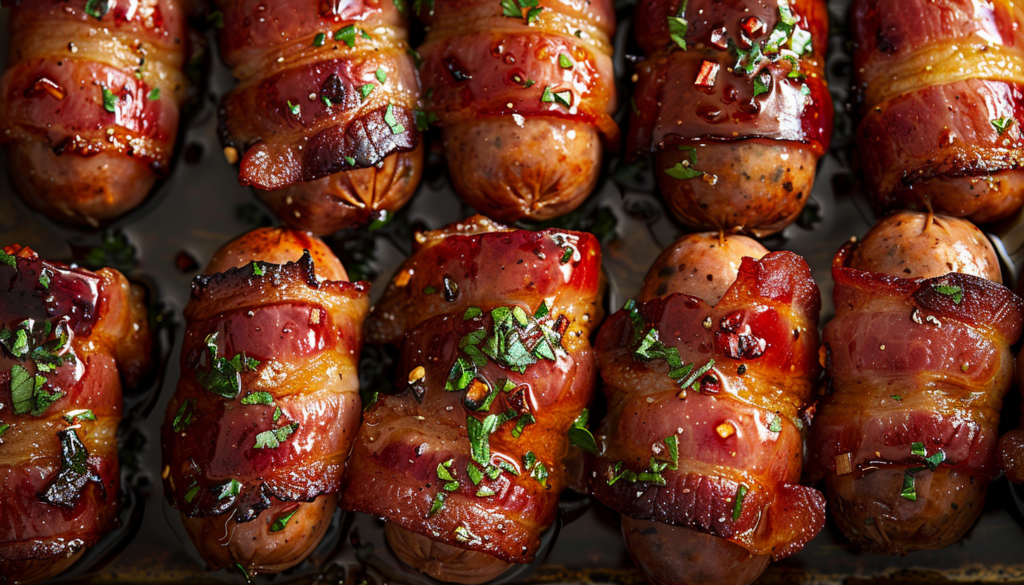 Close-up of bacon-wrapped sausages, garnished with fresh herbs and glazed with a sticky sauce, arranged neatly on a baking tray.