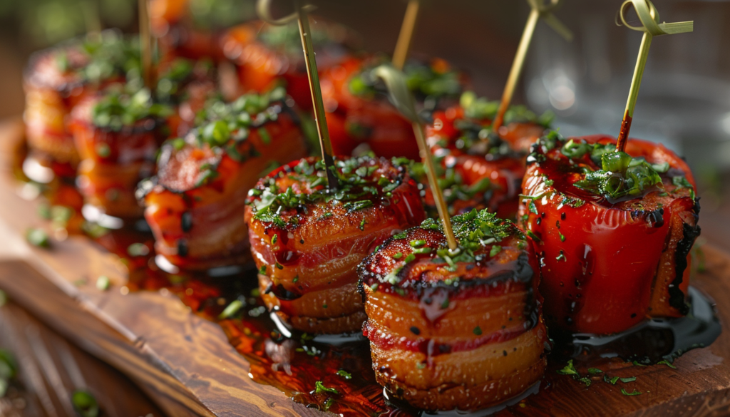 A close-up of a platter featuring skewered, grilled meat and vegetable rolls garnished with herbs and drizzled with sauce.