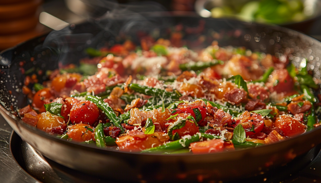 A colorful stir-fry of green beans, tomatoes, and bacon bits topped with grated cheese is cooking in a black skillet. Steam rises from the hot dish.