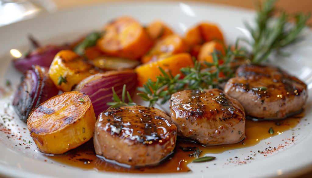 A plated meal consisting of three seared meat medallions, roasted sweet potato chunks, red onion, and garnished with fresh rosemary and sauce.