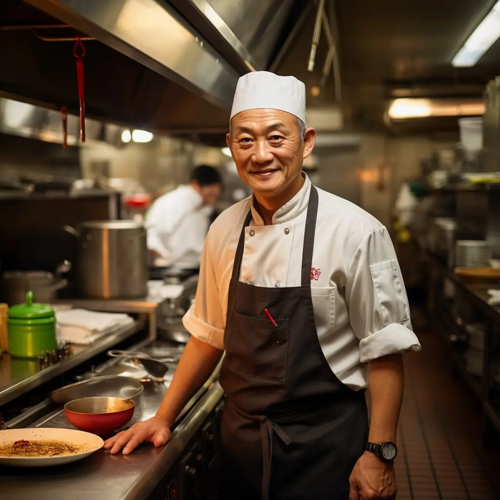 A man in a chef's hat standing in a kitchen.