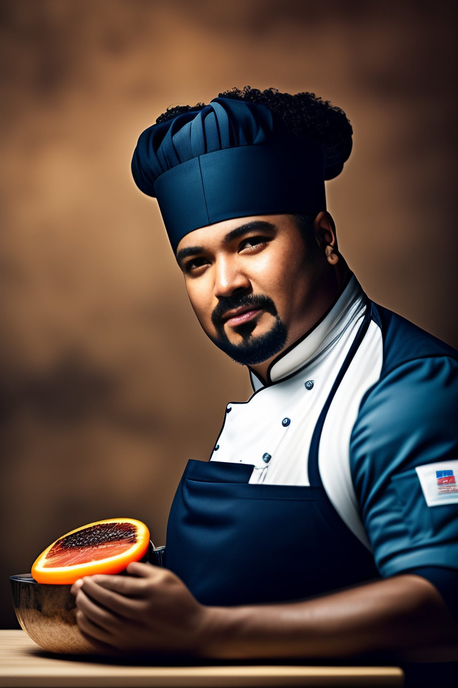 A man in a blue apron holding an orange, preparing a recipe.